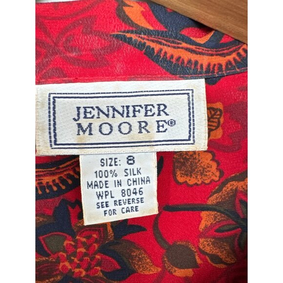 Vintage Jennifer Moore Womens ButtonUp Blouse Sz 8 100% Silk Red Floral Classic - Picture 3 of 10